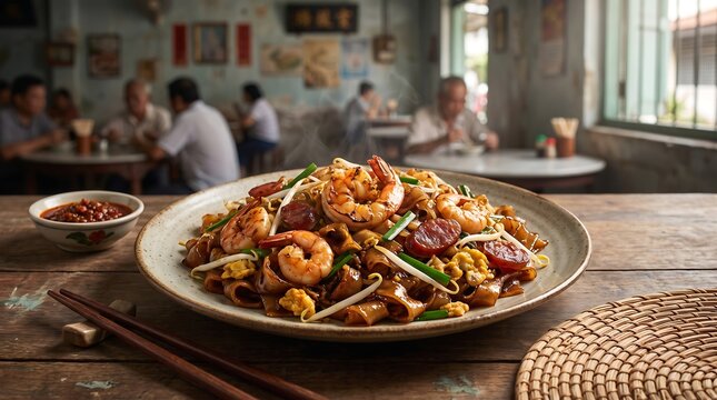 Traditional Stir-Fried Char Kway Teow Noodles with Prawns and Sausage in a Local Eatery Setting