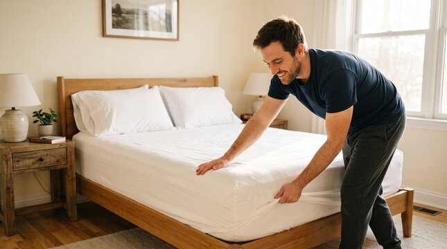 Man happily making a bed with white sheets and pillows in a bright bedroom