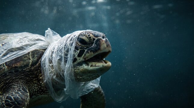 A sea turtle entangled in a plastic bag underwater, highlighting the severe impact of ocean pollution on marine life.