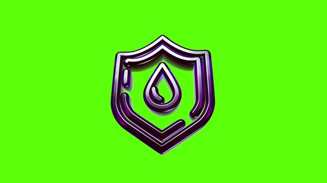 Shiny metallic shield icon with a water drop symbol representing protection and liquid safety concept