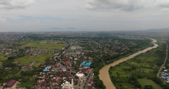 Aerial drone of Banda Aceh city with residential areas and houses. Sumatra, Indonesia.