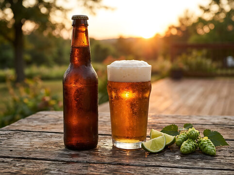 Cold beer bottle and glass with lime and hops on a rustic wooden table at sunset.