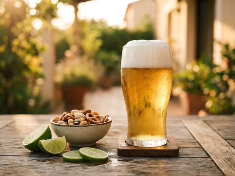 A refreshing glass of cold golden beer served with pretzels and lime on a wooden patio table during sunset.
