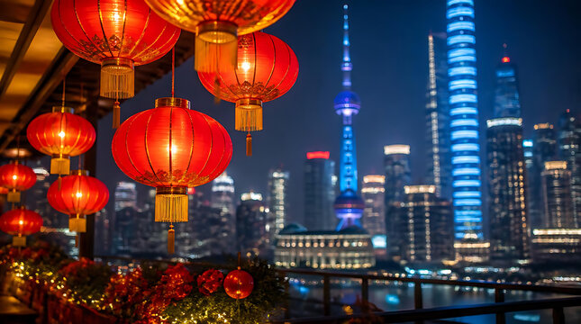 Vibrant night cityscape featuring illuminated red Chinese lanterns against modern skyline with towering skyscrapers and iconic