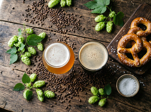 Top view of two glasses of beer with fresh hops and pretzels on a rustic wooden table.