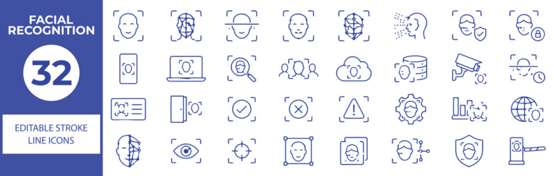 32 Facial Recognition Vector Outline Icons Set &ndash; Face ID, Biometric Security, Identity Verification, Surveillance and Access Control Line Symbols Collection