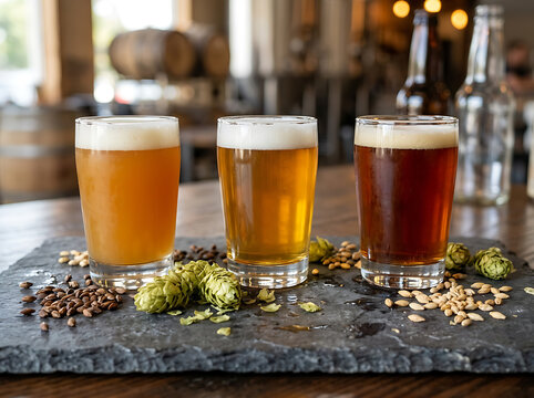 Three glasses of craft beer with hops and grains on a slate board.