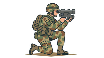 Fototapeta premium Illustration of a soldier kneeling and aiming a weapon in camouflage gear.