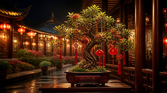 Elegant Chinese lantern decor surrounding a lush bonsai tree in a traditional courtyard setting at night