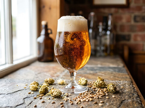 A glass of cold golden beer with foam standing on a stone bar counter with hops and malt.