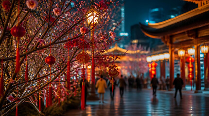 Fototapeta premium vibrant night scene with blooming cherry blossoms and traditional festive lanterns illuminating a bustling cultural street