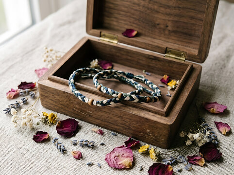 Two handmade braided fabric bracelets inside a rustic wooden box surrounded by dried flower petals.