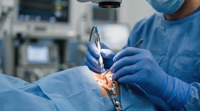 Close-up of surgeon's hands performing cataract surgery using precision ophthalmic micro instruments during a professional eye treatment procedure.
