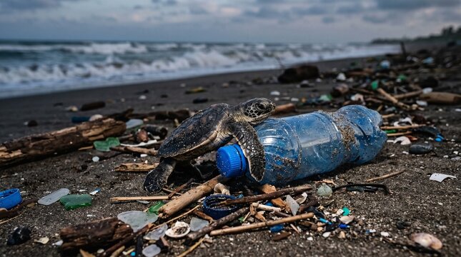 A sea turtle crawls on a polluted beach littered with plastic bottles and debris, highlighting ocean waste.