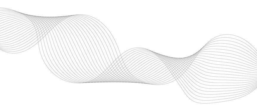 Minimalist grey wave lines on white background, abstract flowing ribbon pattern, elegant digital frequency curves for corporate design
