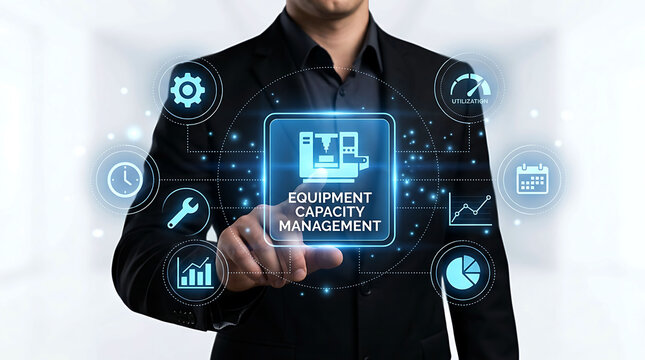 Businessman touching equipment capacity management icon with industrial technology