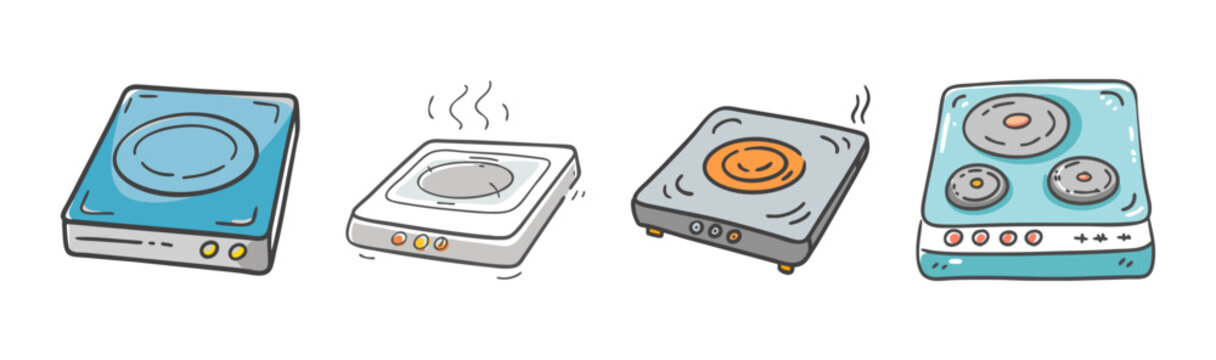 Retro Induction Cooktops, Vintage Portable Stove Set, Cartoon Kitchen Appliance Collection, Cute Cooking Devices