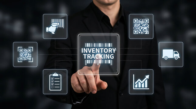 Businessman touching inventory tracking icon with digital barcode logistics graphics