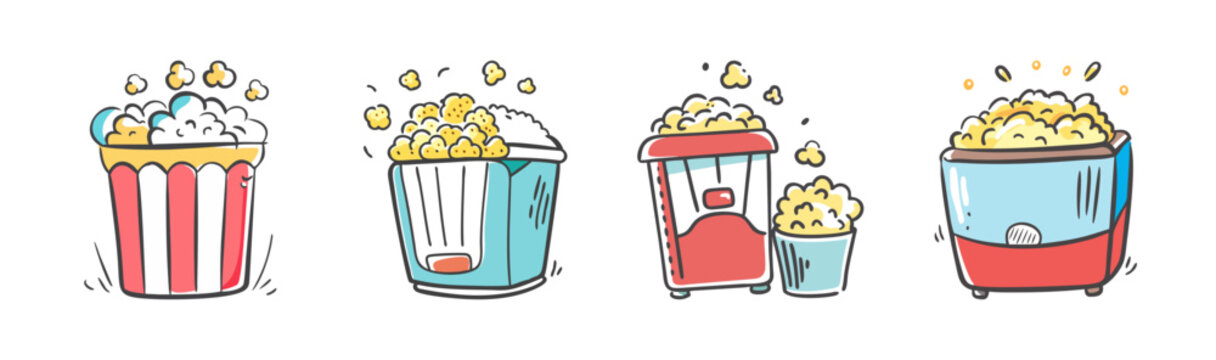 Popcorn Machines, Movie Snacks, Cinema Treats, Retro & Modern Appliances, Vector Icons Set