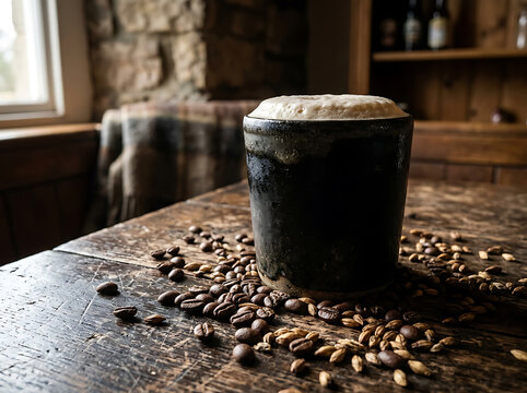 A rustic ceramic mug filled with dark stout beer surrounded by scattered grains on a wooden table.