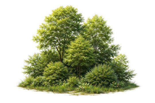 Lush green woodland shrubs and trees isolated on white