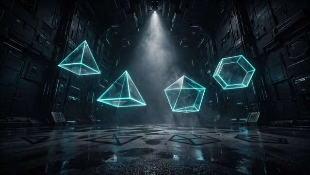 Abstract Geometric Shapes Floating in Dark Futuristic Environment.