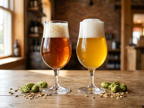 Two glasses of craft beer with foam on a wooden table in a brewery.