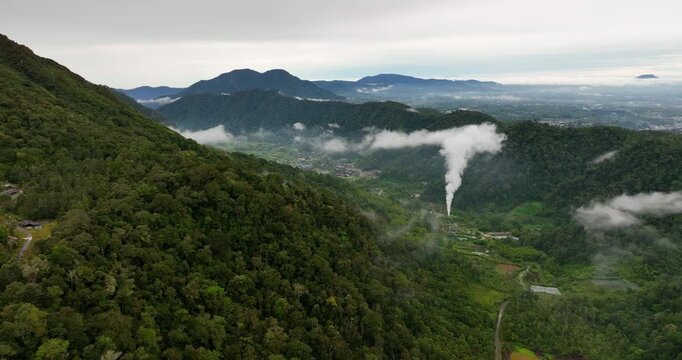 Valley with volcanic activity and village. Sibayak volcano. Berastagi, Sumatra. Indonesia.