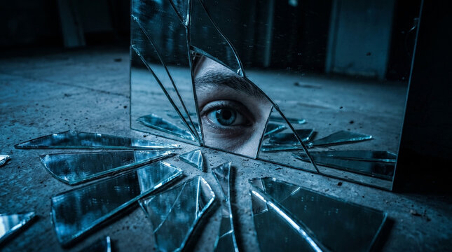 Human eye reflection in shards of a broken mirror