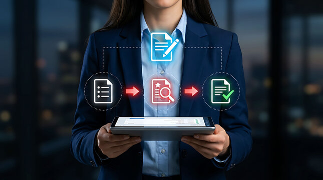 Businesswoman holding tablet showing digital document processing workflow steps icon