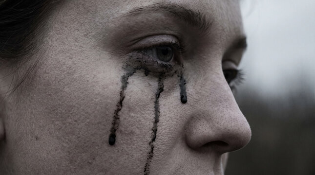 Sad woman crying with smudged mascara tears running down her face