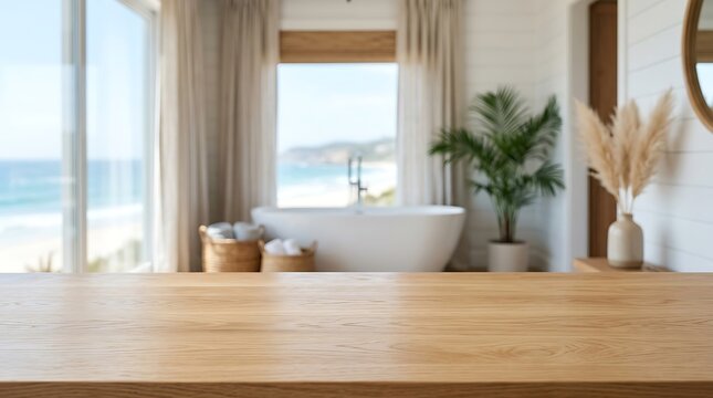 Empty Wooden Table Top Display Mockup in Blur Luxury Coastal Bathroom Interior Background with Sea View and Bathtub