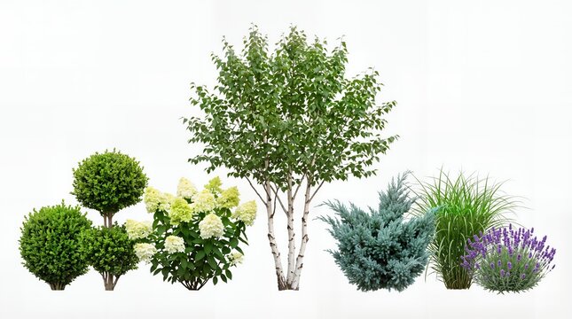 Set of isolated garden plants and trees for landscape design including birch, hydrangea, boxwood, and lavender
