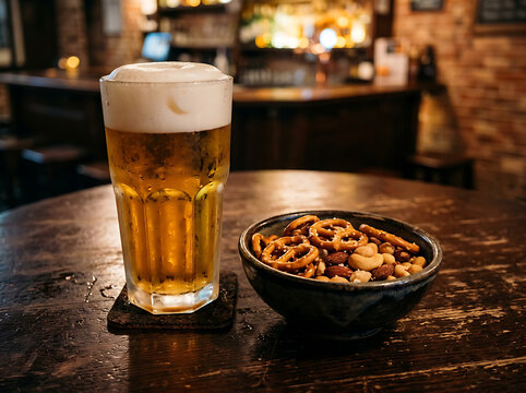 A glass of cold golden beer with a bowl of salty snacks on a rustic wooden table in a pub.