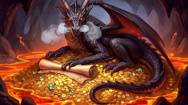 Mythical black dragon breathing fire while guarding gold treasure in volcanic cave. Cinematic fantasy video with tilting camera movement.