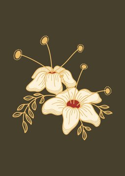 Decorative Batik Floral Pattern with Cream Flowers and Golden Leaves on Dark Brown Background