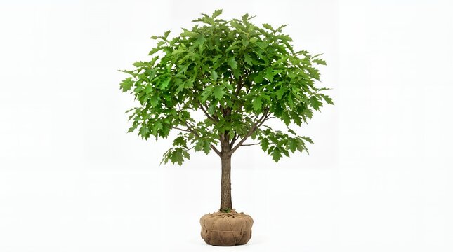 Young Green Oak Tree with Root Ball in Burlap Sack Isolated on White for Landscaping and Gardening