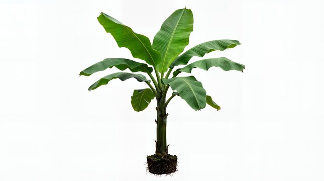 Lush Green Tropical Banana Tree with Exposed Roots Isolated on White Background
