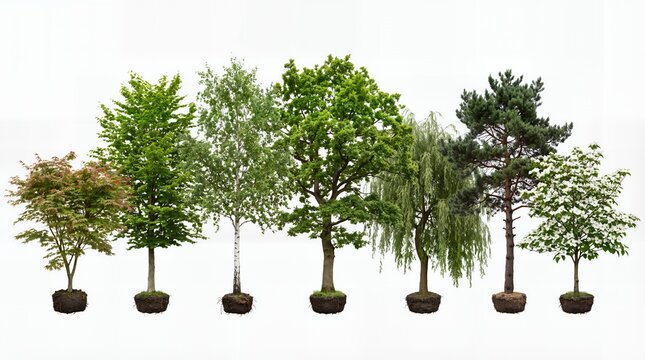 Variety of Common Garden and Forest Tree Species with Root Balls Isolated on White for Landscaping Design