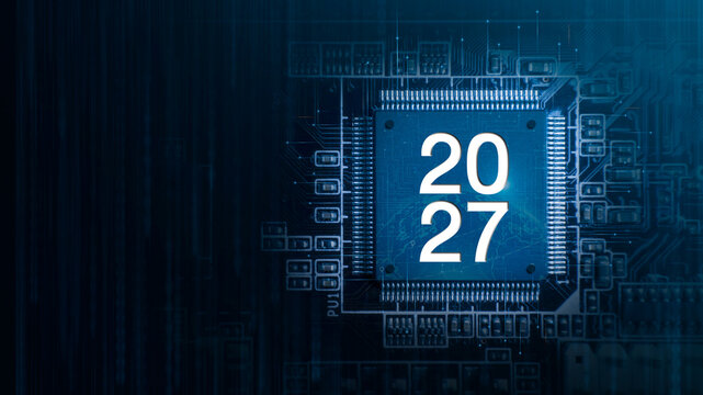 Microchip Processor with Year 2027: Futuristic Technology Concept, Digital Innovation, and Digital Transformation Strategy Trends for 2027, Cybersecurity.