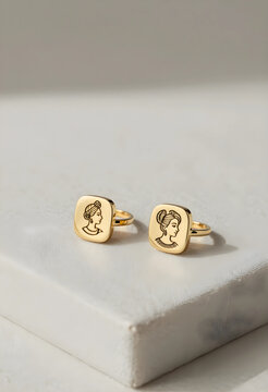 Luxury jewelry and fashion accessories, two gold rings with engraved female profiles on a textured surface
