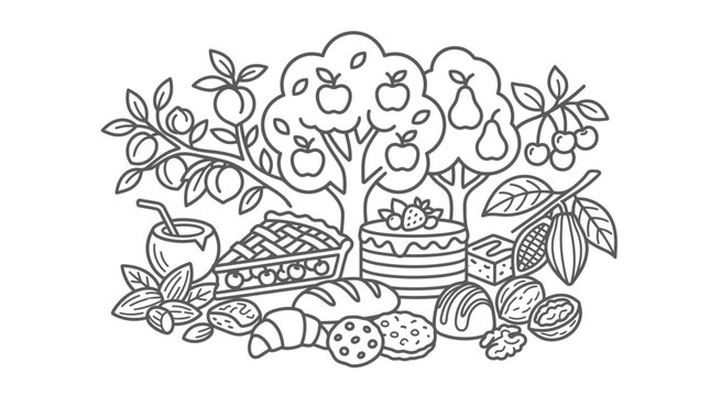 Fruit trees and baked goods horizontal illustration.