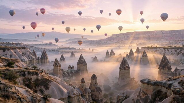 Magical Hot Air Balloons Ascend Over Cappadocias Fairy Chimneys at Sunrise.