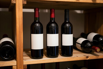 Naklejka premium Wine cellar storage and collection, red wine bottles with blank labels on wooden shelves, tasting and connoisseur