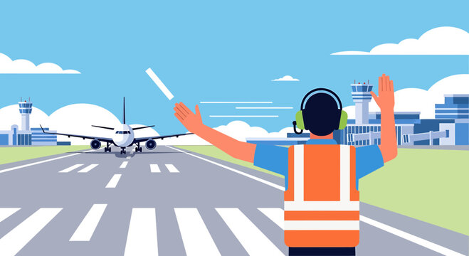 Airport marshaller guides airplane on runway with signals, aviation, transport concept