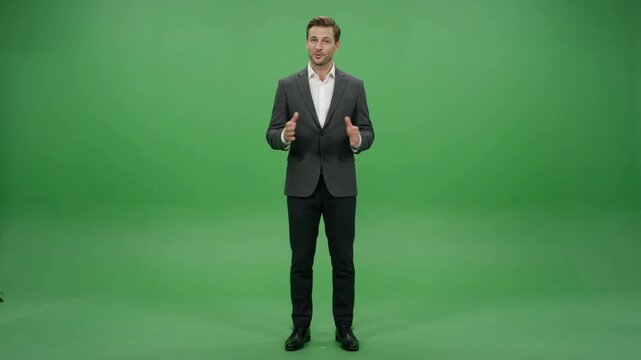 A confident businessman in a suit stands against a green screen, gesturing while speaking, ideal for presentations and corporate videos.