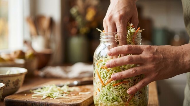 Gros plan de mains tassant du chou hach&eacute; dans un bocal en verre. Concept de lactofermentation, choucroute maison et pr&eacute;paration de provisions pour l'hiver