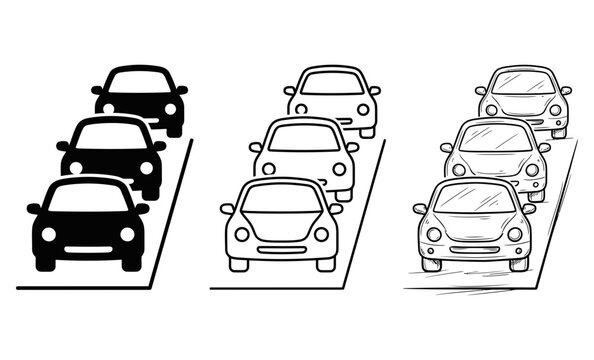 Cars traffic jam silhouette vector illustration set showing vehicle queue road transportation urban congestion commute travel street automobile