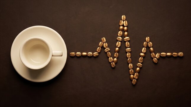 Rich espresso cup next to heart rate pulse line made of golden roasted coffee beans on a dark brown background, symbolizing energy caffeine boost and health vitality for a productive morning routines.