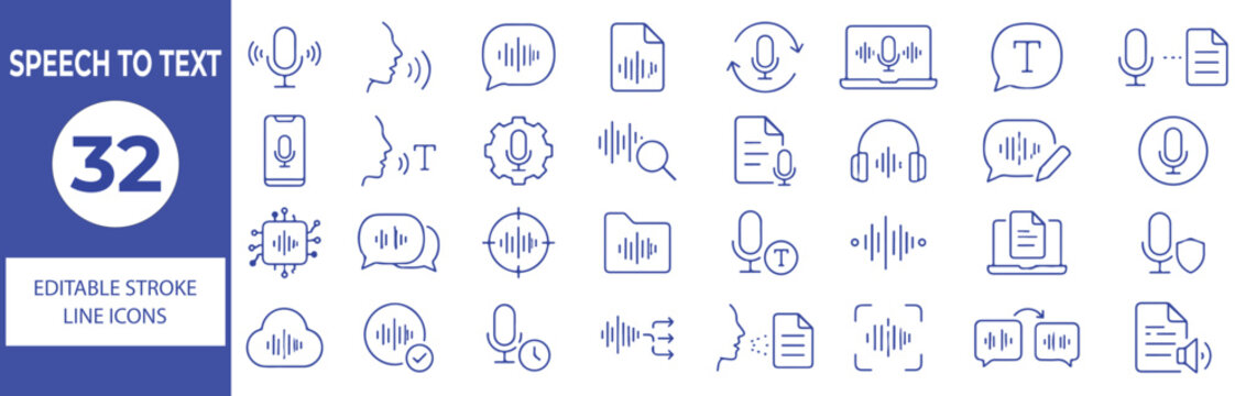 32 Speech to Text Vector Outline Icons Set &ndash; Voice Transcription, Audio Conversion, Dictation, Speech Recognition and Text Processing Line Symbols Collection